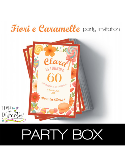 Inviti di carta a tema floreale con caramelle colorate, personalizzati e pronti all’uso