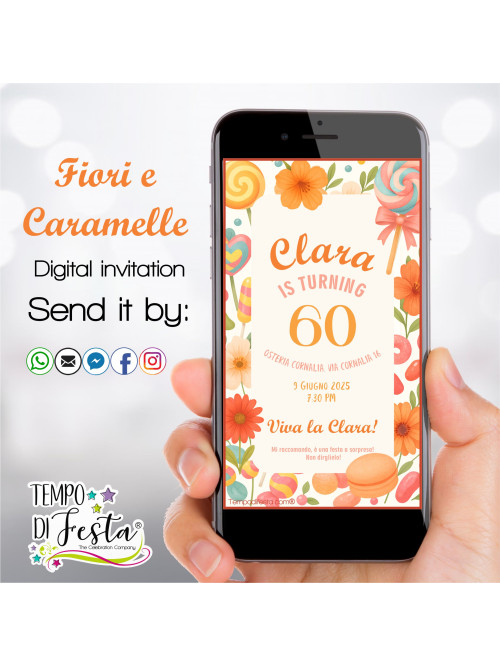 Invito digitale con fiori e caramelle, grafica colorata in formato immagine per WhatsApp