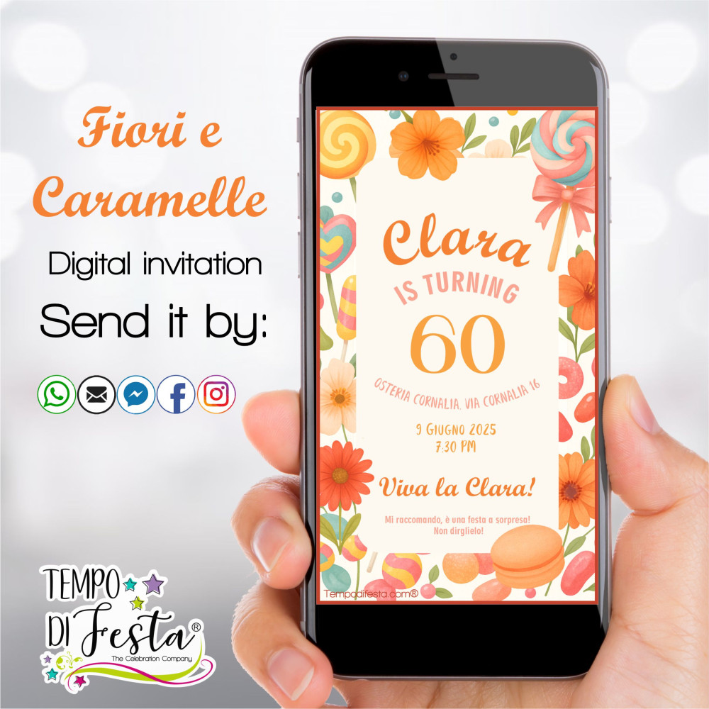 Invito digitale con fiori e caramelle, grafica colorata in formato immagine per WhatsApp