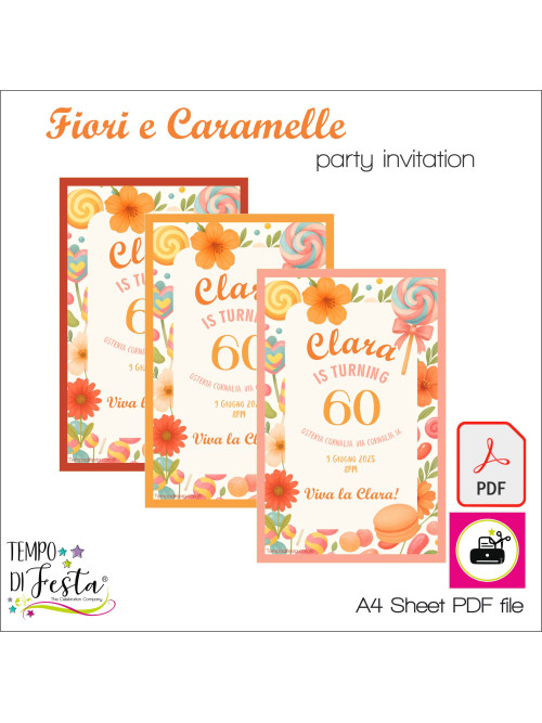 Invito digitale a tema fiori e caramelle in formato PDF A4, da stampare