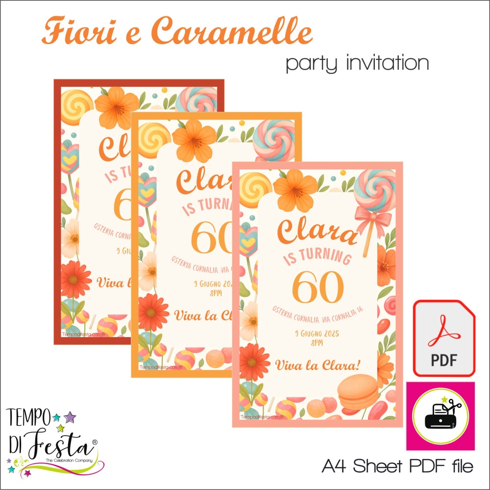 Invito digitale a tema fiori e caramelle in formato PDF A4, da stampare