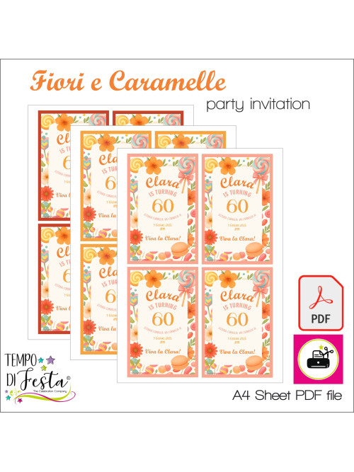 Invito digitale a tema fiori e caramelle in formato PDF A4, da stampare
