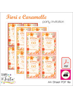 Invito digitale a tema fiori e caramelle in formato PDF A4, da stampare