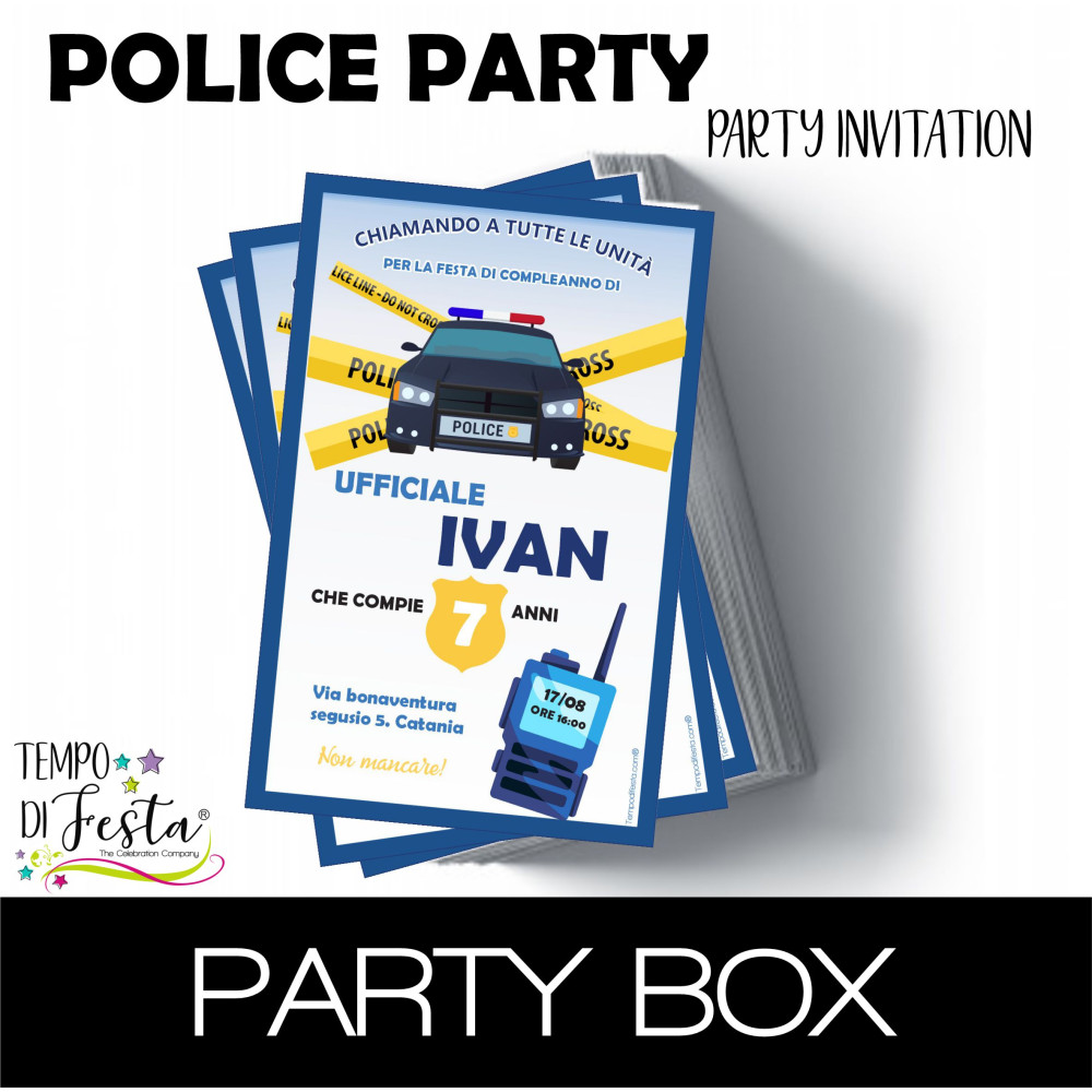 Invito cartaceo personalizzato per una festa a tema Polizia.