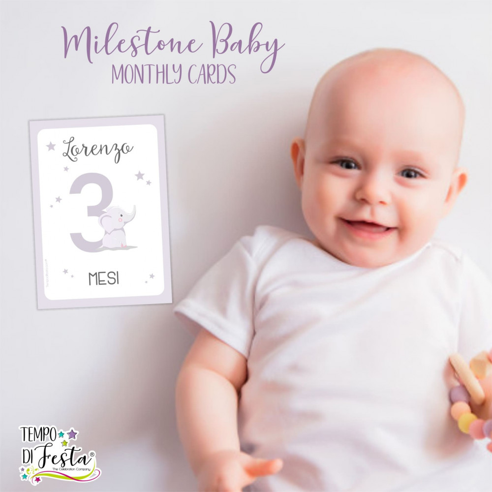 Tarjeta de hito de bebé recién nacido. tarjetas baby milestone con animales  de safari. 1-11 meses y 1 año.