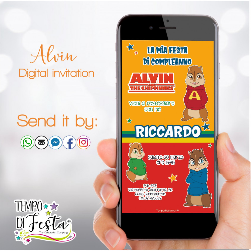 Invitaciones digitales inspiradas en Alvin y las Ardillas, para enviar a través de WhatsApp