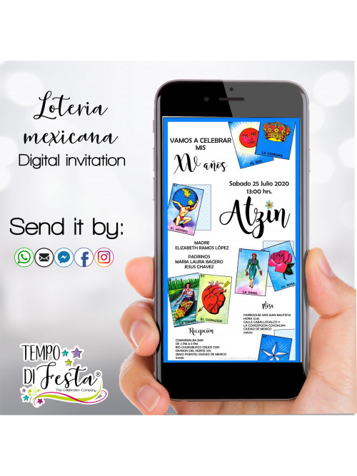 Invitaciones digitales con la temática de la Lotería Mexicana, para enviarse por WhatsApp
