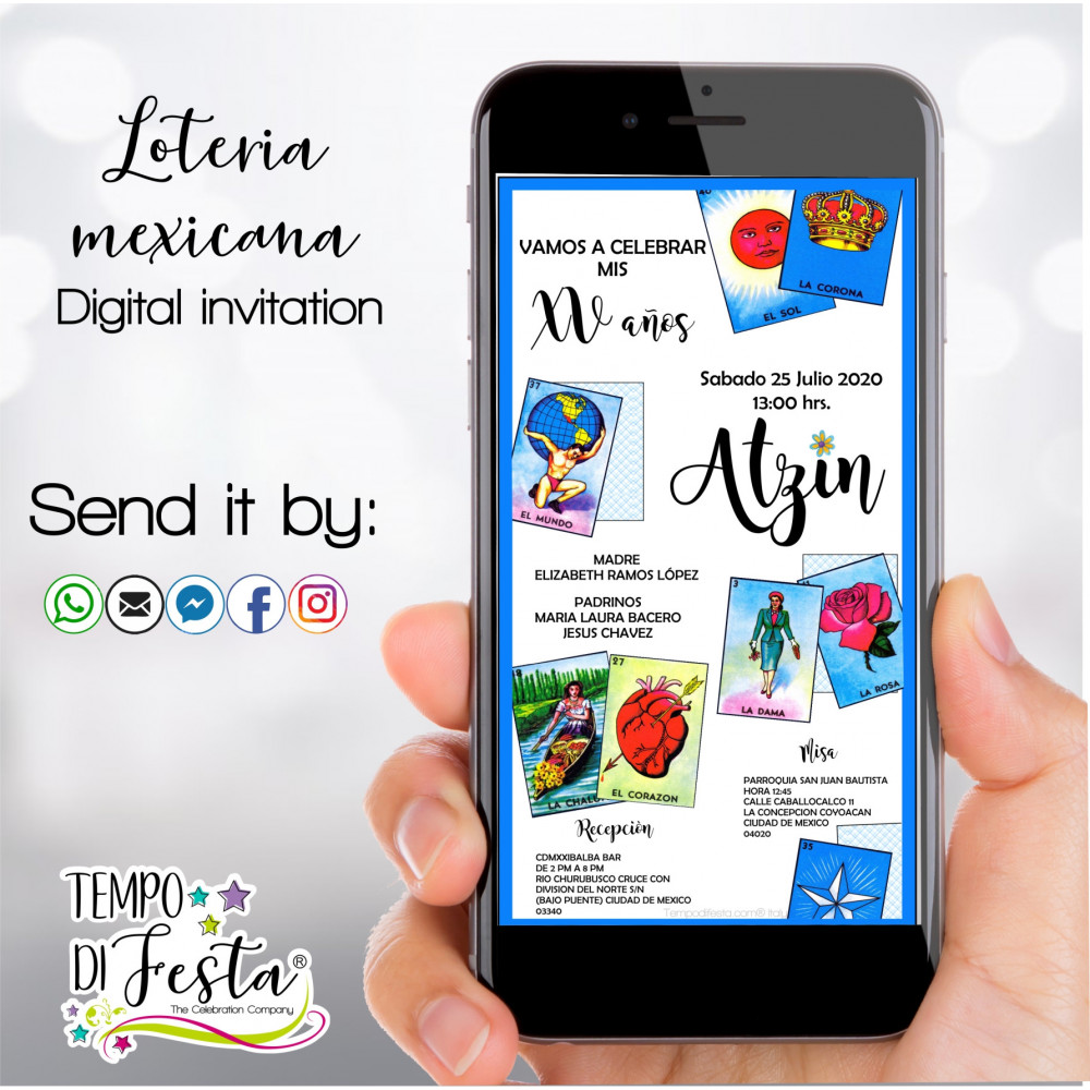 Invitaciones digitales con la temática de la Lotería Mexicana, para enviarse por WhatsApp