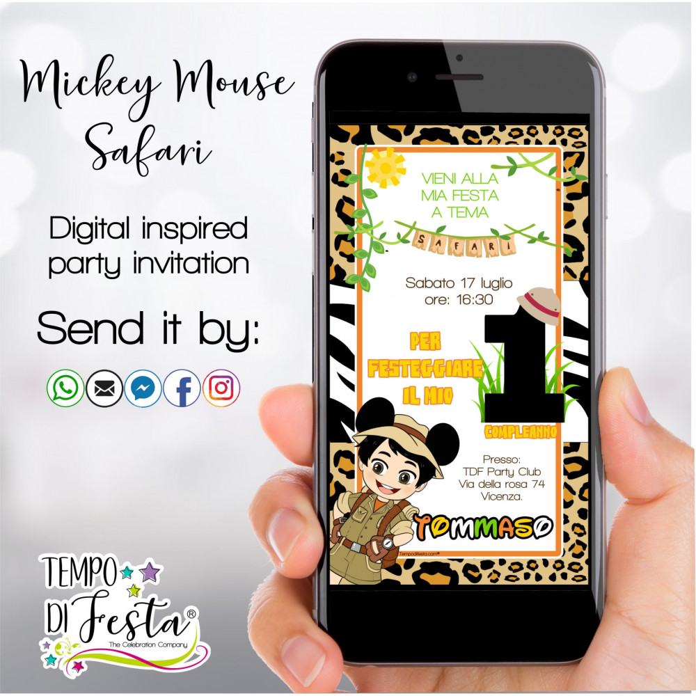 Inviti digitali Ispirazione Mickey Mouse Safari per WHATSAPP