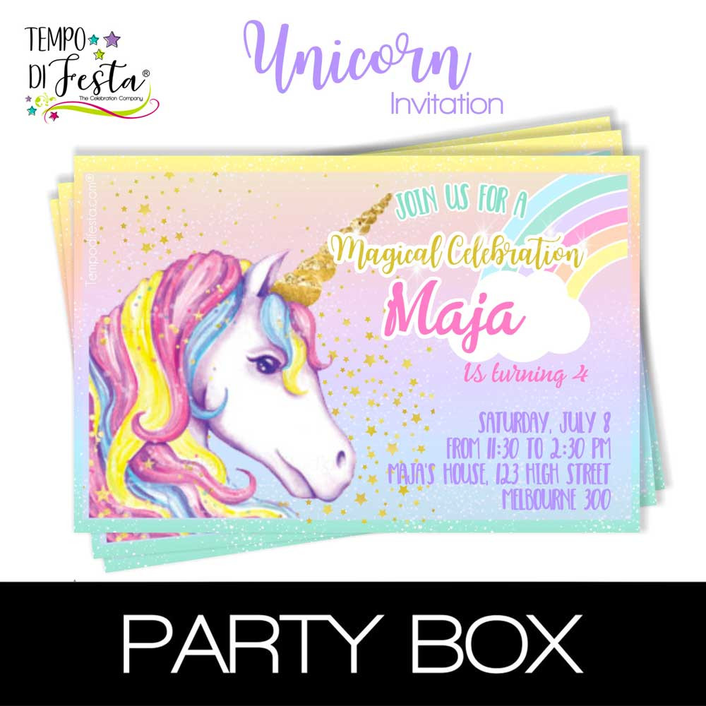 Unicorn invitations in a box