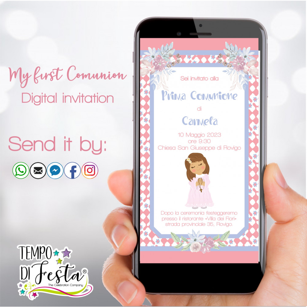 Mi Primera Comunión niña Invitación digital para WhatsApp