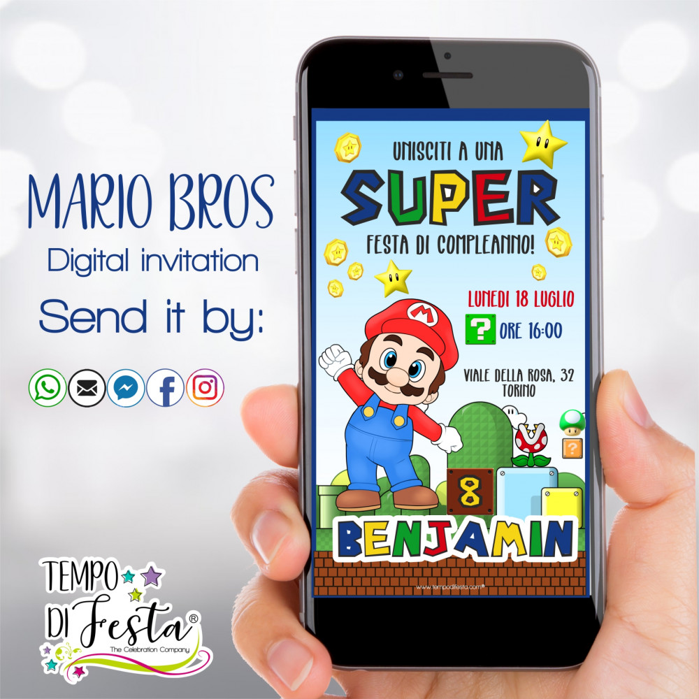 Invito digitale elettronico festa di compleanno tema SUPER MARIO