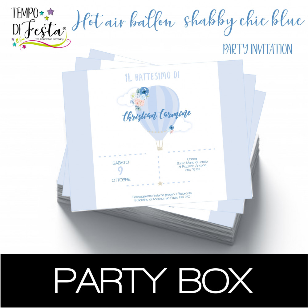 Blue shabby chic hot air balloon kit paper invitations.