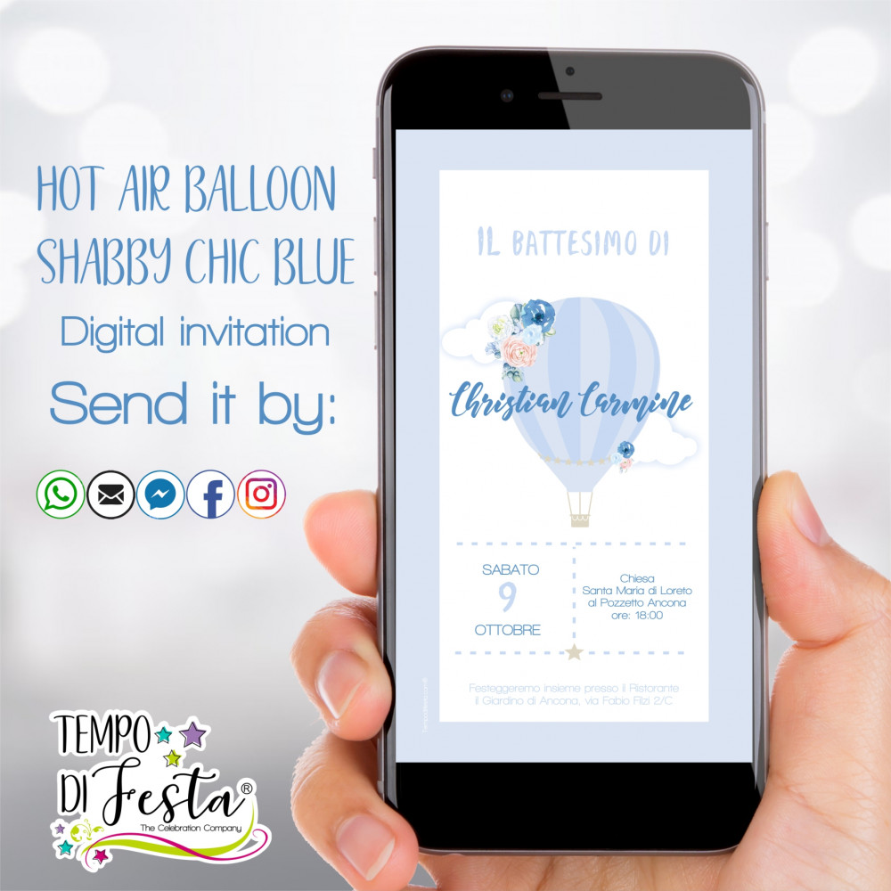 Blue shabby chic hot air balloon kit Digital Invitation for WhatsApp