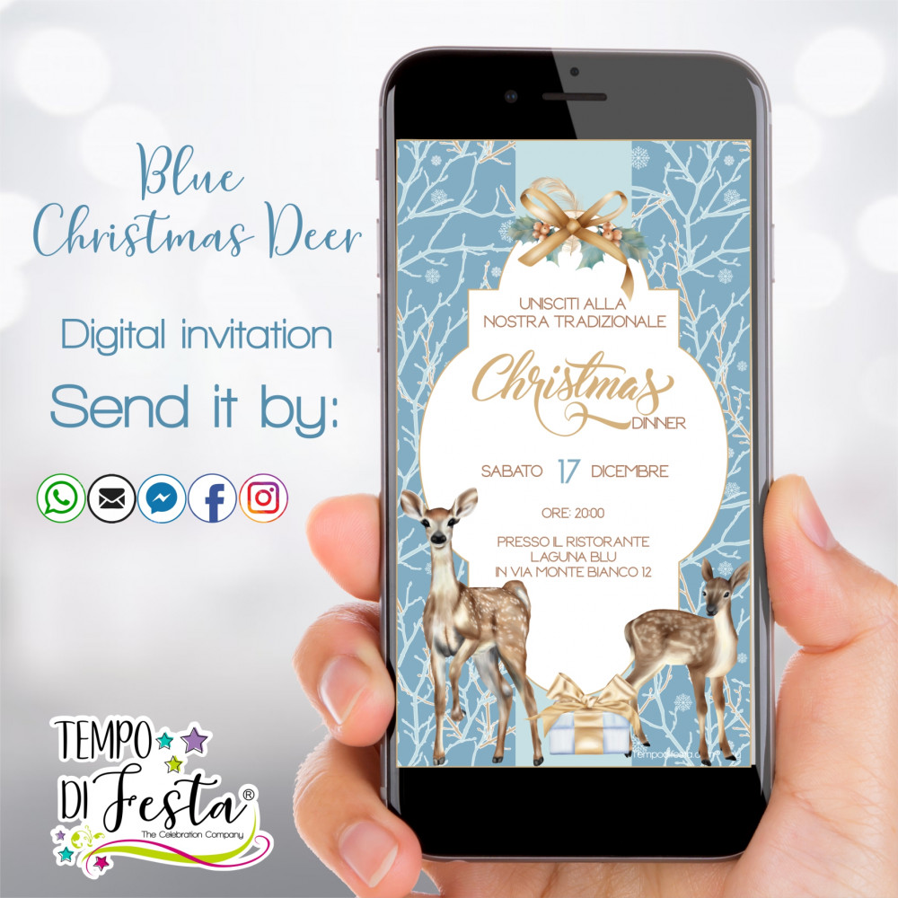 Blue Christmas Deer digital invitation for WhatsApp