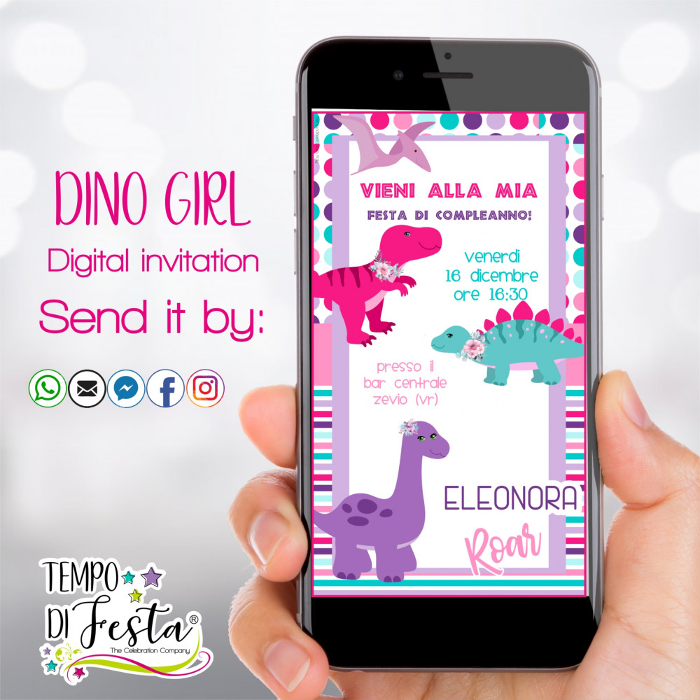 Dino girl digital invitation for WhatsApp