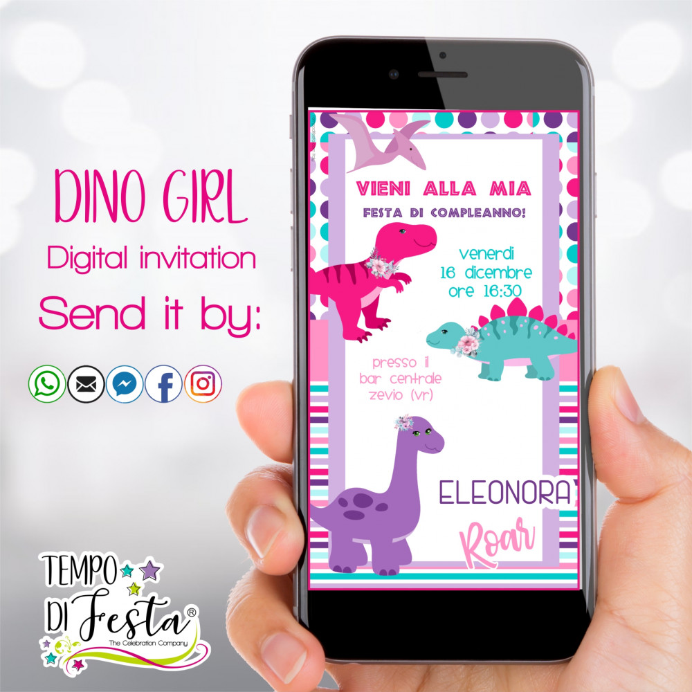 Dinosaurio niña invitación digital para WhatsApp