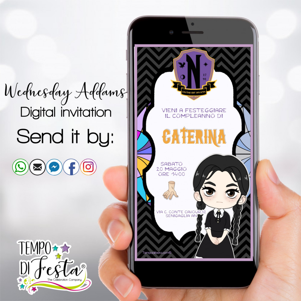 Merlina Addams invitaciones digitales para WhatsApp