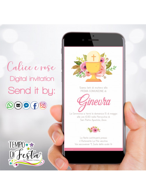 Comunión cáliz y rosas invitación digital para WhatsApp