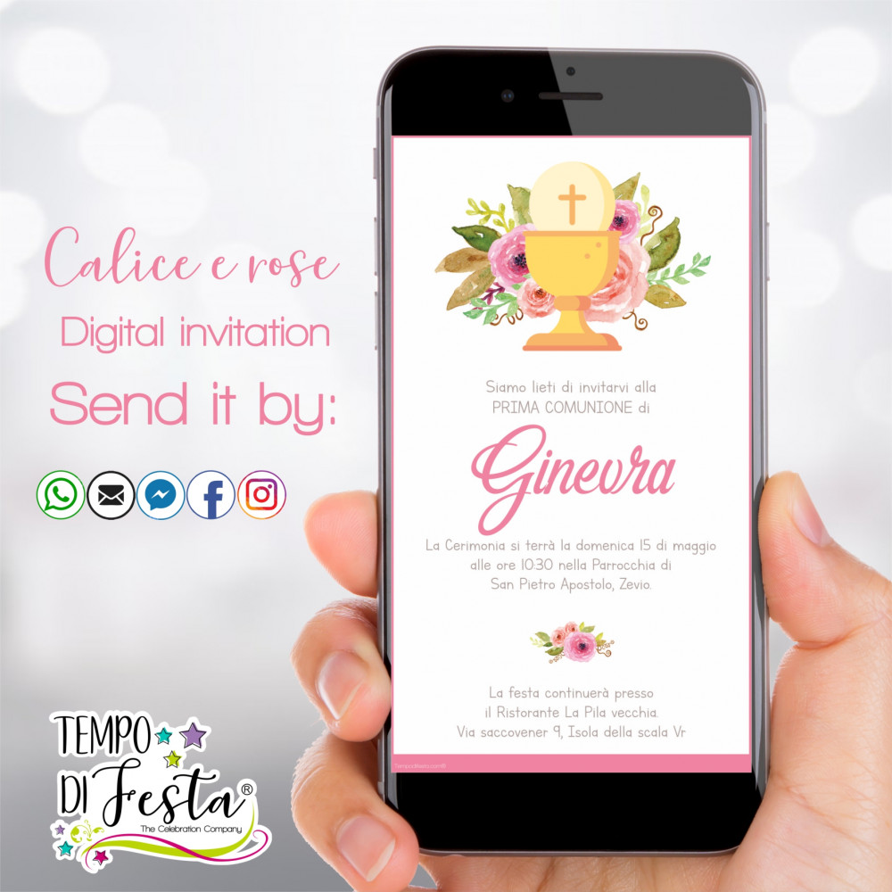 Communion Holy Chalice and roses digital invitation for WhatsApp