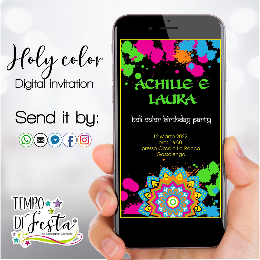 Holi color invitación digital para WhatsApp