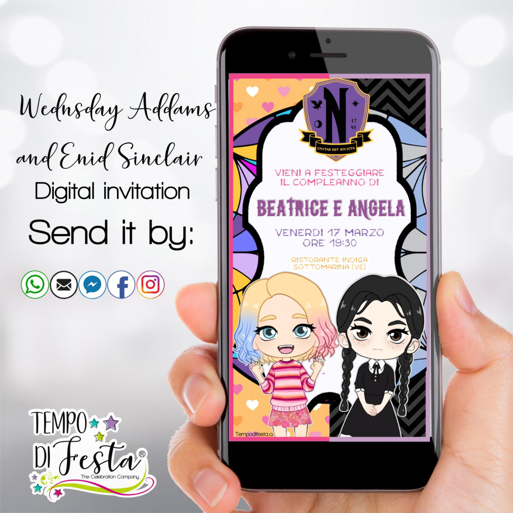 Enid and Wednesday digital invitation for WhatsApp