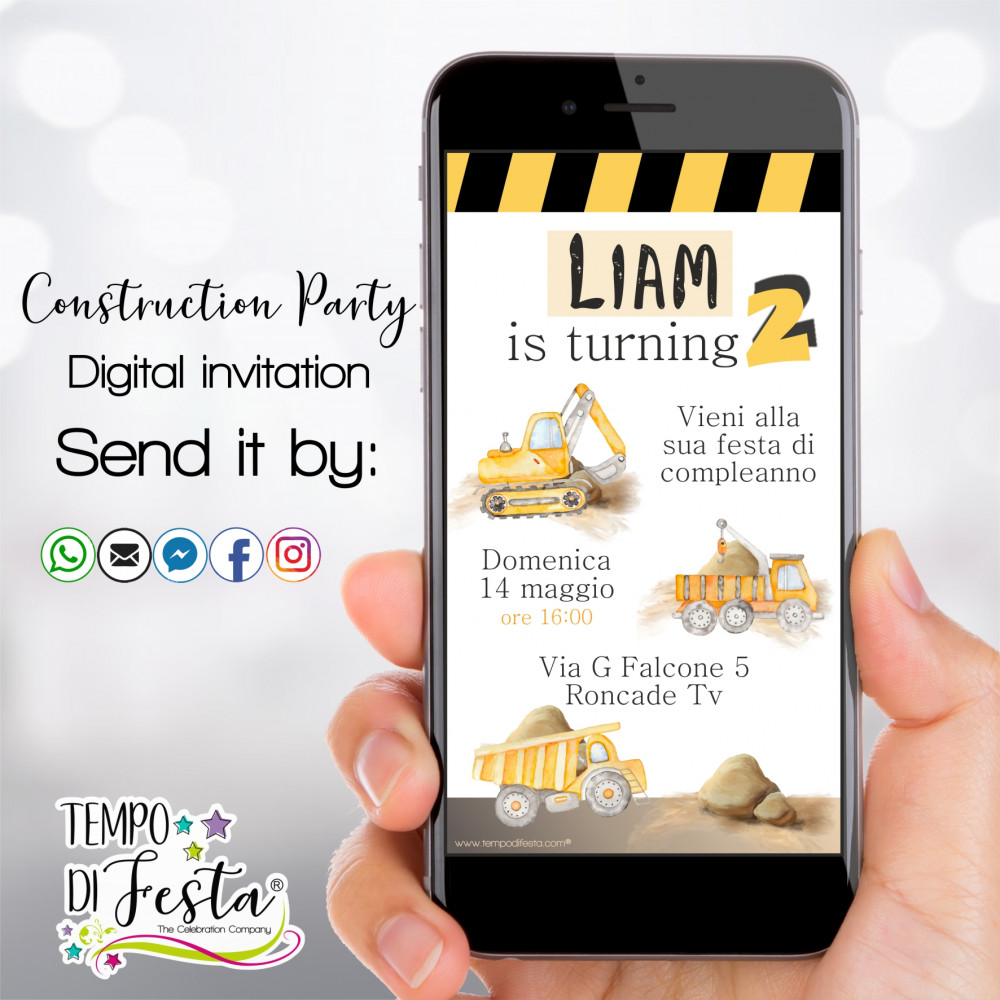 Construction vehicles digital invitation for WhatsApp