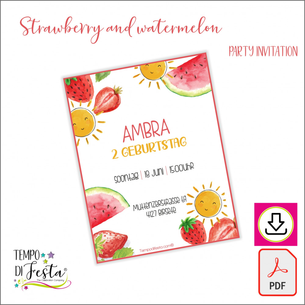 Strawberry and watermelon digital printable invitation