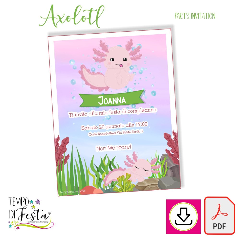 Axolotl digital printable invitation