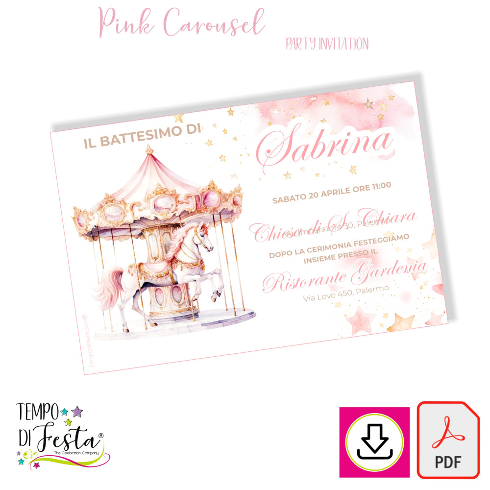 Pink carousel printable digital invitation